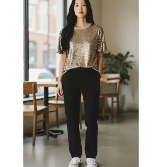 Monteau Champagne Metallic Textured Short Sleeve Top Size Small NWT - Picture 15 of 15